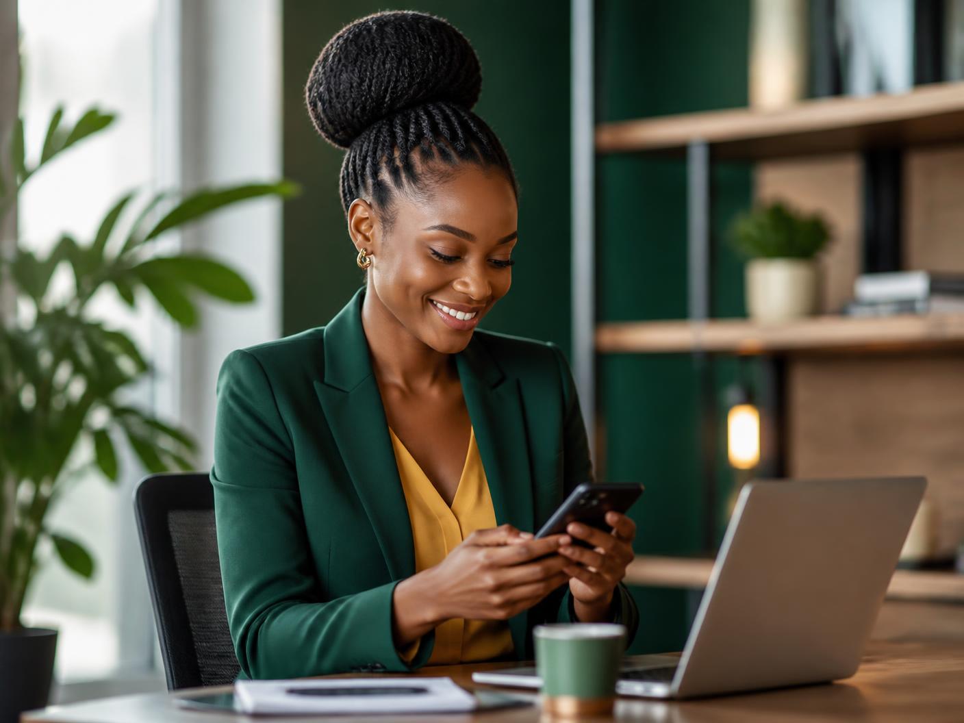 Entrepreneur checking her Greenfield Bank account on her phone